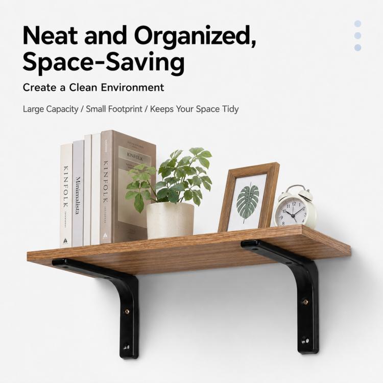 Black L-shaped wall shelf support brace with screws under a wooden shelf