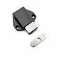 Black magnetic cabinet door latch with metal striker plate and mounting base