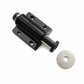 Black handle-free cabinet door latch with round metal striker and mounting plate