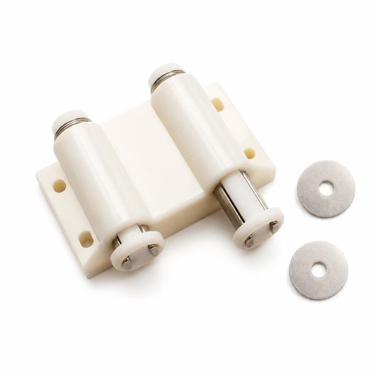 Beige push-to-open cabinet door latch with double posts and two strike plates