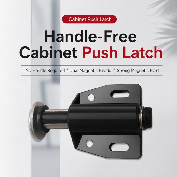 Black handle-free push latch with mounting plates and push bar mechanism