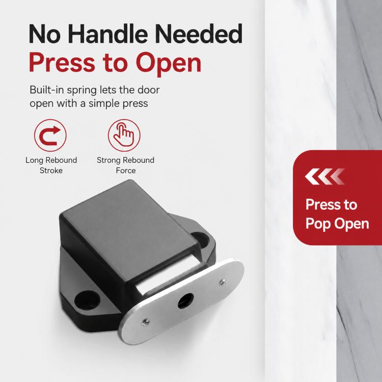 Black press-to-open cabinet latch with spring top and metal mounting plate