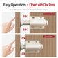 White push-to-open cabinet latch on a wooden cabinet door