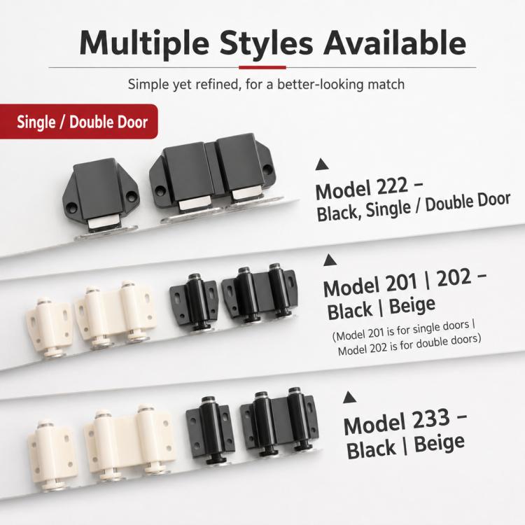 Cabinet push latch set in black and beige, single and double styles
