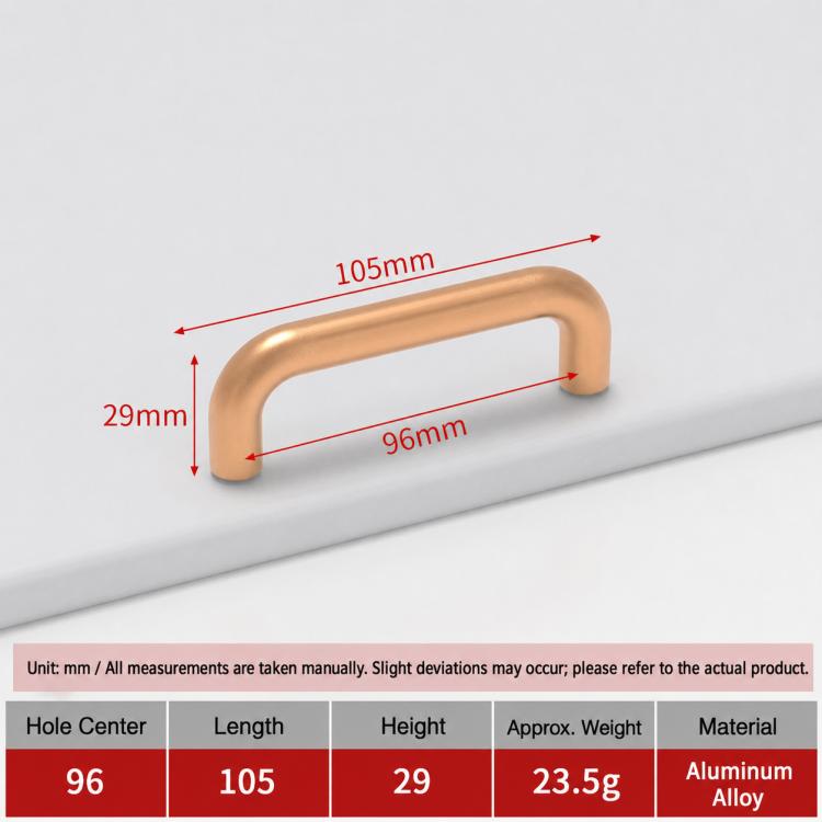Gold aluminum cabinet pull handle with 96mm hole center, 105mm length, 29mm height
