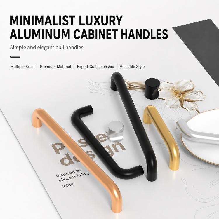 Aluminum cabinet pull handles, assorted colors including black, gold, and tan U-shape