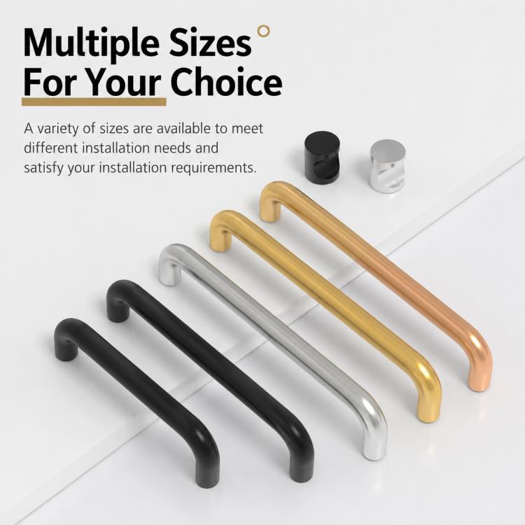 Multiple size aluminum cabinet pull handles in black, gray, gold, and copper