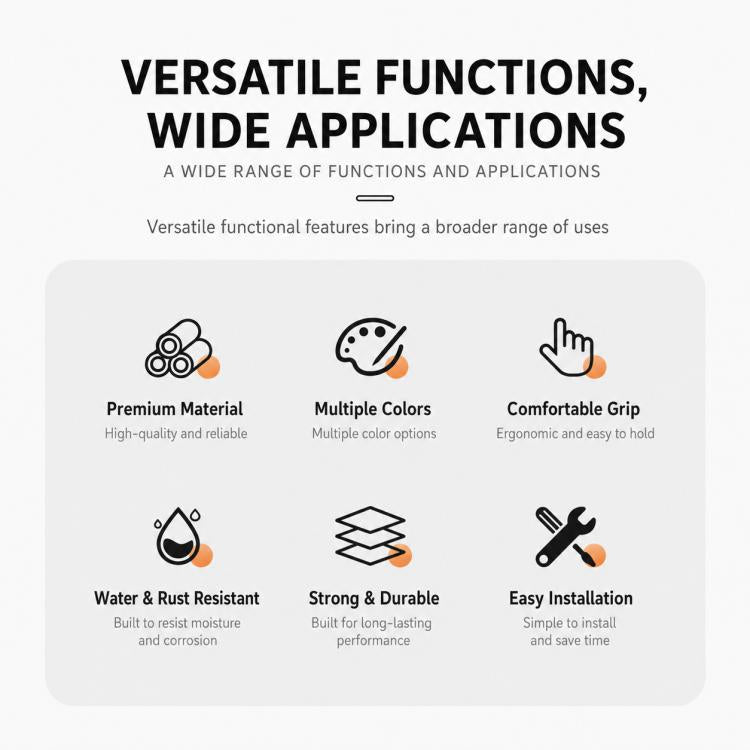 Infographic of aluminum cabinet handle benefits with icons for grip and corrosion resistance
