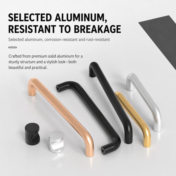 Assorted aluminum cabinet pull handles in black, gold, and silver, U-shaped