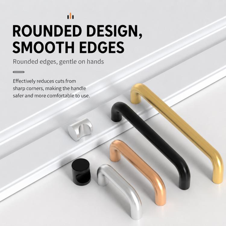 Aluminum cabinet pull handles with rounded ends, black, bronze, and silver finishes