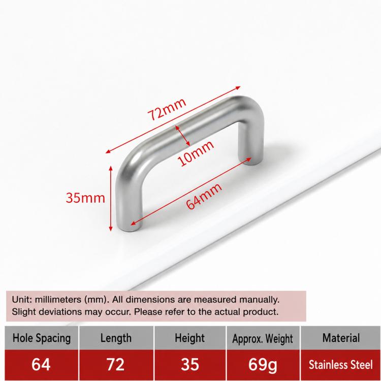 Stainless steel cabinet pull handle with 64mm length, U-shaped grip.