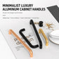 Cabinet pull handles display with black, bronze, and silver curved U-bar handles.