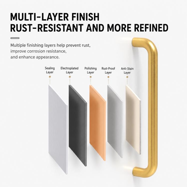 Gold stainless cabinet pull handle with curved U-bar beside rust-resistant finish layers.