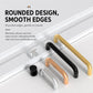 Stainless steel cabinet pull handle with smooth rounded edges, black and gold grips