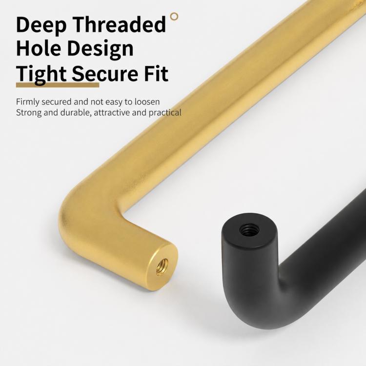 Stainless steel cabinet pull handle end with deep threaded mounting hole, gold finish