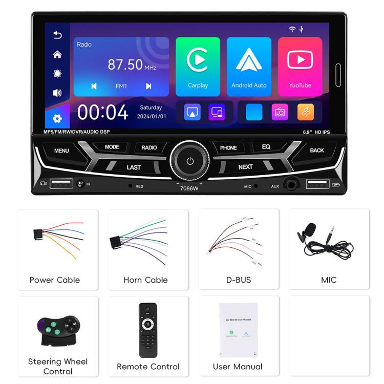 6.9 inch Car Wireless Carplay Dual Spindle MP5 Player, Standard, Standard+Reversing Camera