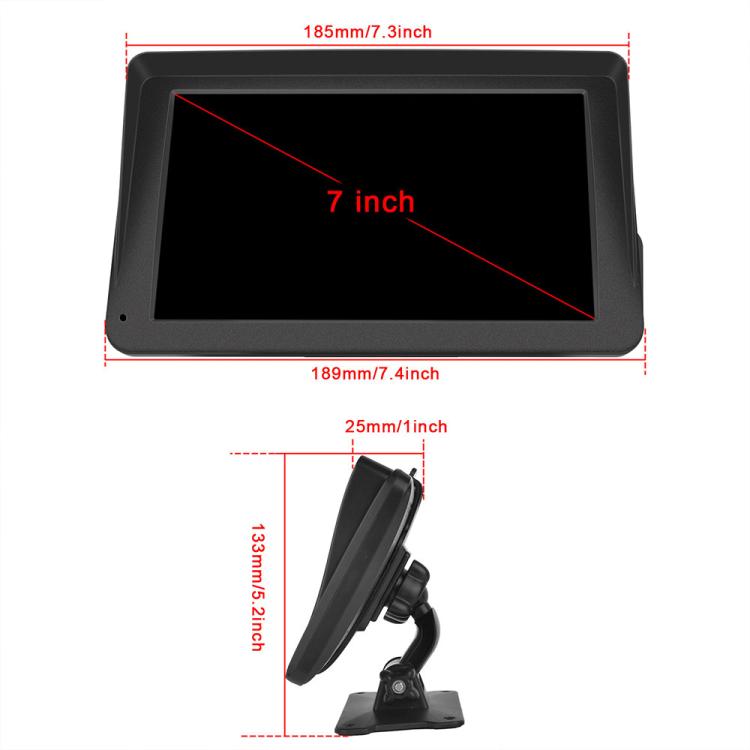 7-inch portable car navigation touchscreen with adjustable stand, size diagram shown