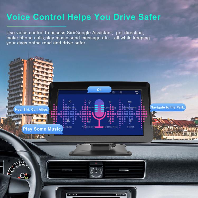 7-inch portable car navigation touchscreen with voice command microphone icon UI