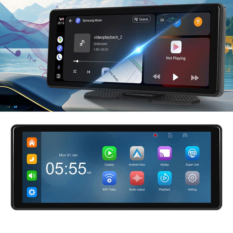 Portable car navigation screen with media playback interface, black