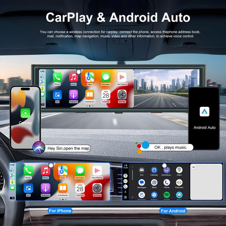Car navigation touchscreen showing phone app icons for CarPlay and Android Auto