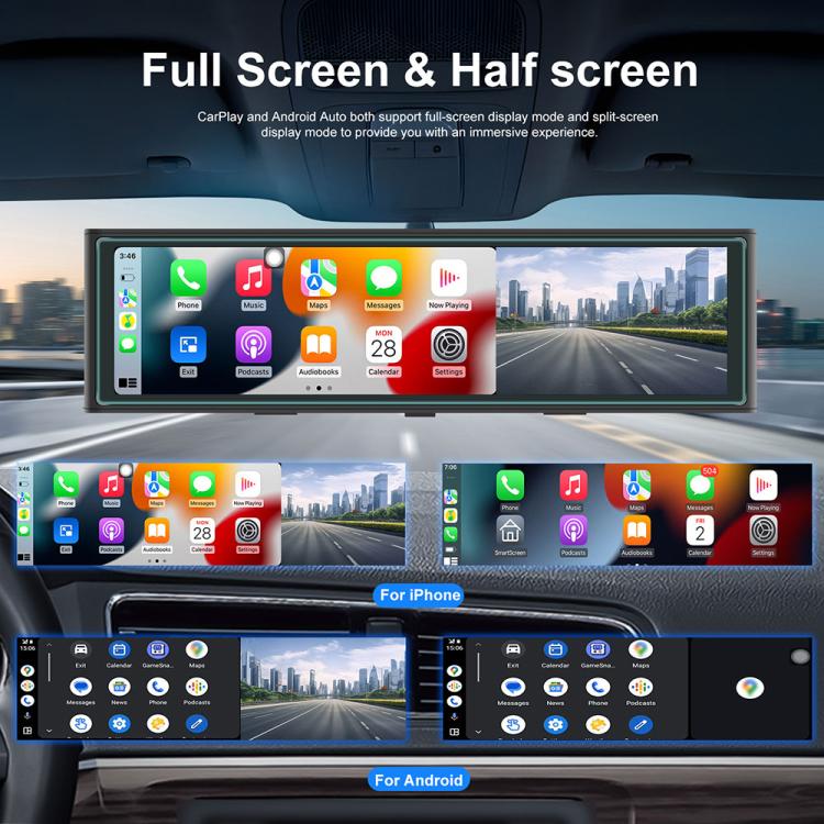 Portable car touchscreen displaying split-screen app interface with iPhone and Android views