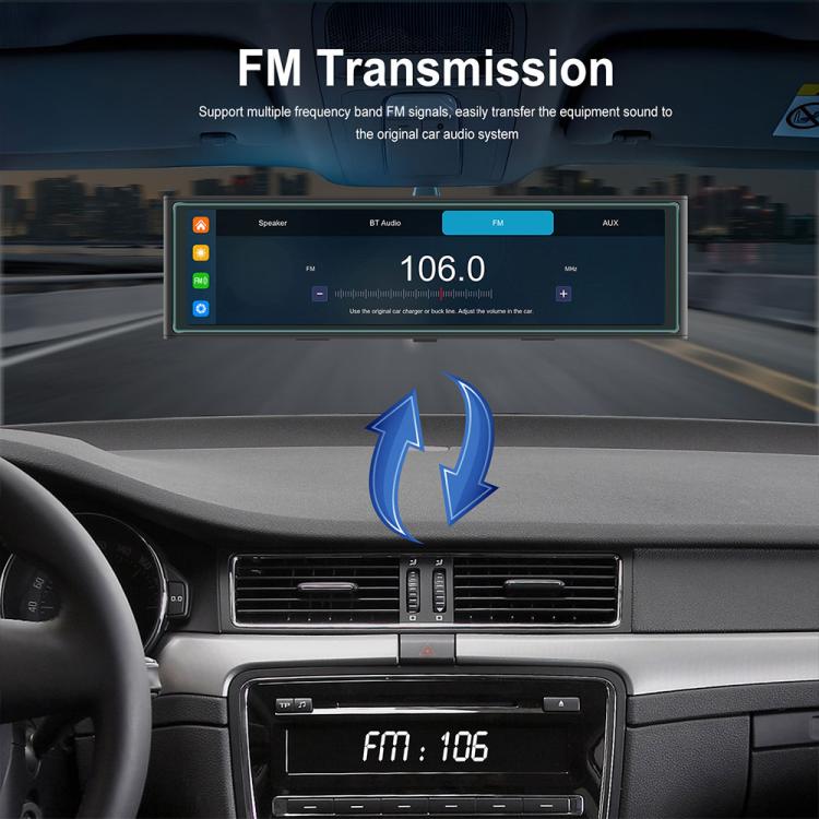 Portable in-car navigation display showing FM frequency 106.0