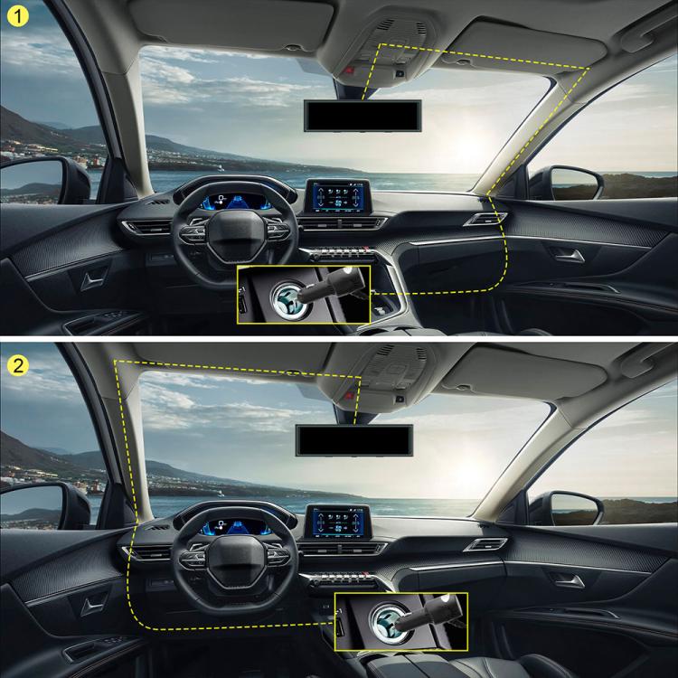 Car interior with highlighted mounting area for dash screen connection and cable