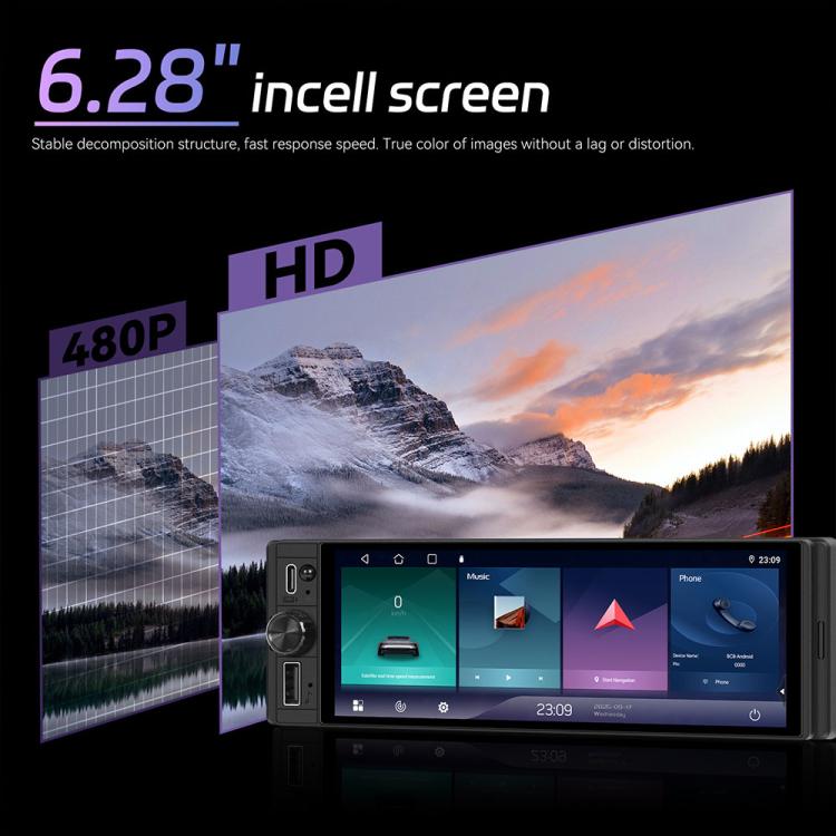 Universal 6.28 inch Single-DIN Car Center Console Display with CarPlay & Android Auto Function, Standard, with AHD Camera + Microphone