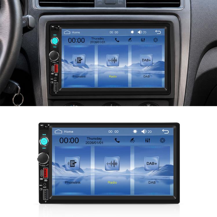 Black 7-inch dual-DIN car MP5 player with touchscreen and left control knobs