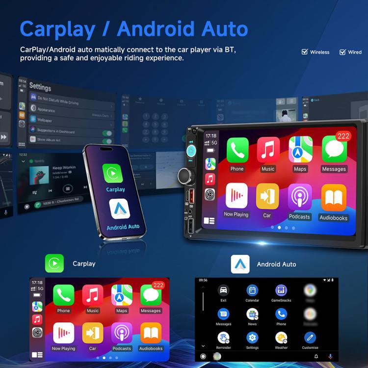 7-inch Dual-DIN car MP5 player showing CarPlay and Android Auto app interfaces