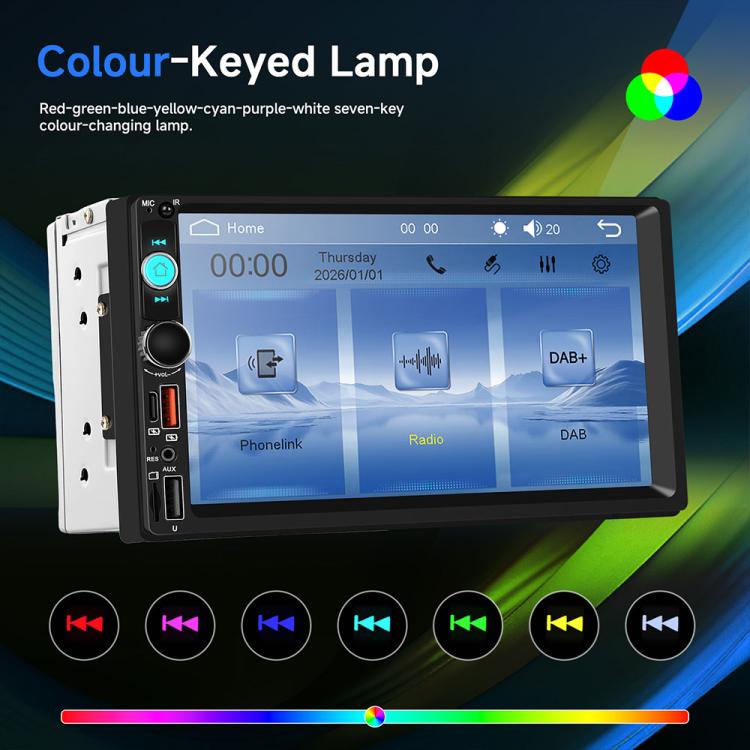 Dual-DIN car MP5 player with color-keyed RGB lighting around the 7-inch display