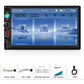Dual-DIN car MP5 player with touchscreen and included power cable, horn cable, bracket