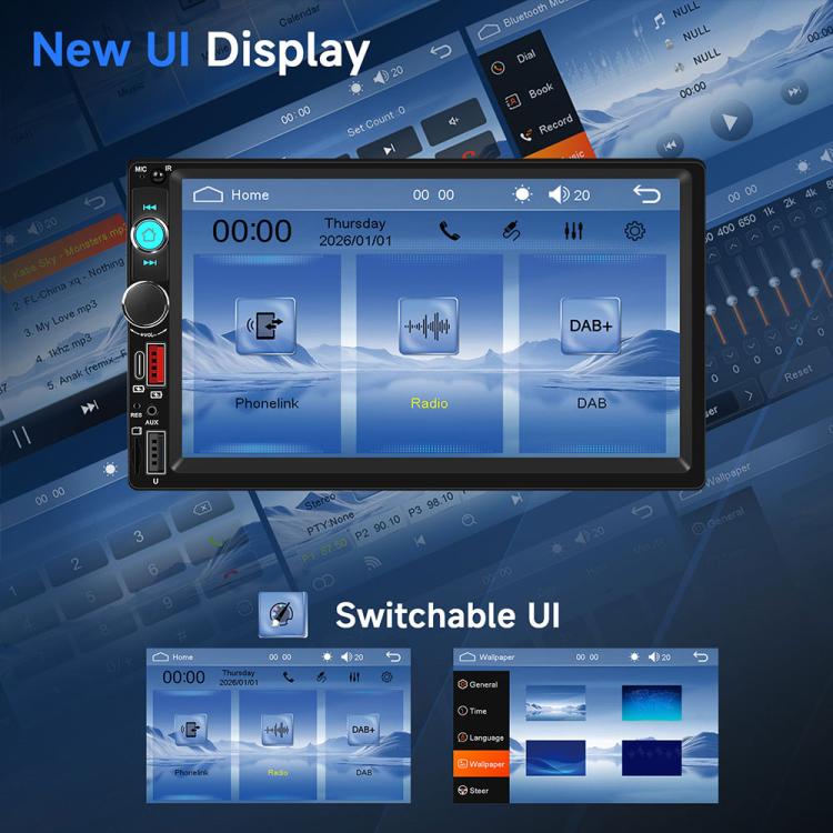Black 7-inch dual-DIN car MP5 player touchscreen head unit, front view