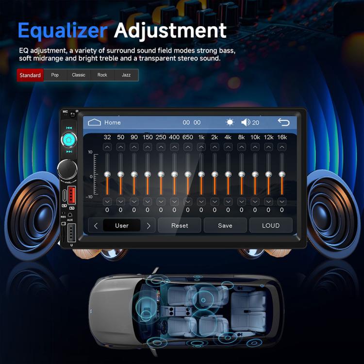 Black 7-inch dual-DIN car MP5 player touchscreen with audio equalizer slider controls