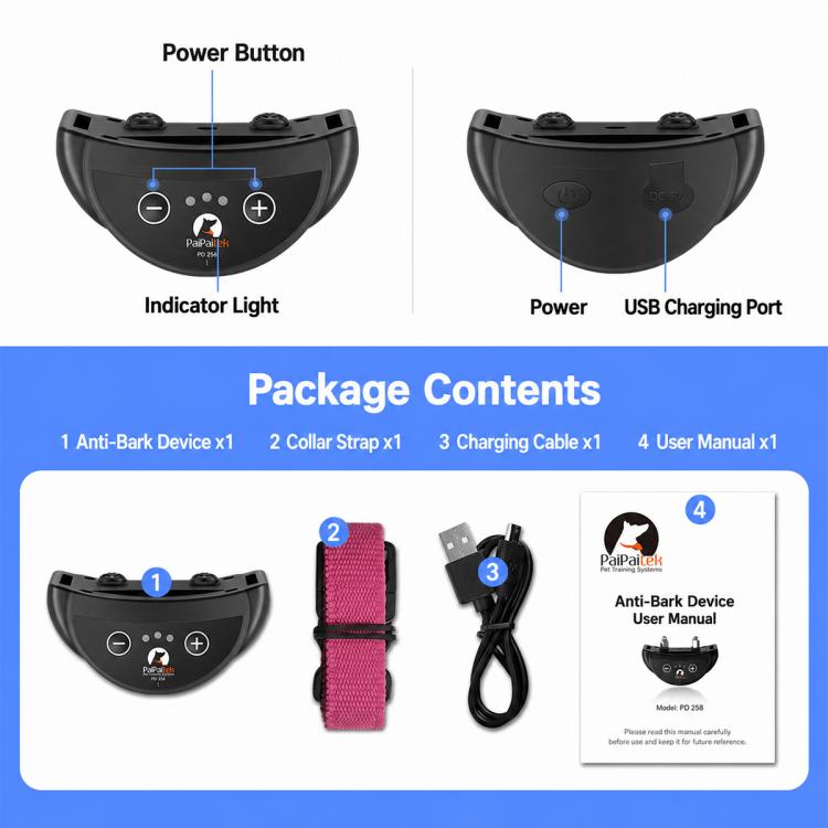 PaiPaitek PD258V USB Rechargeable Auto Anti Barking Dog Training Collar, PD258V