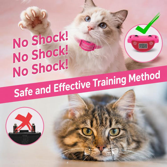 Pink cat training collar with LCD screen and control buttons on the front unit