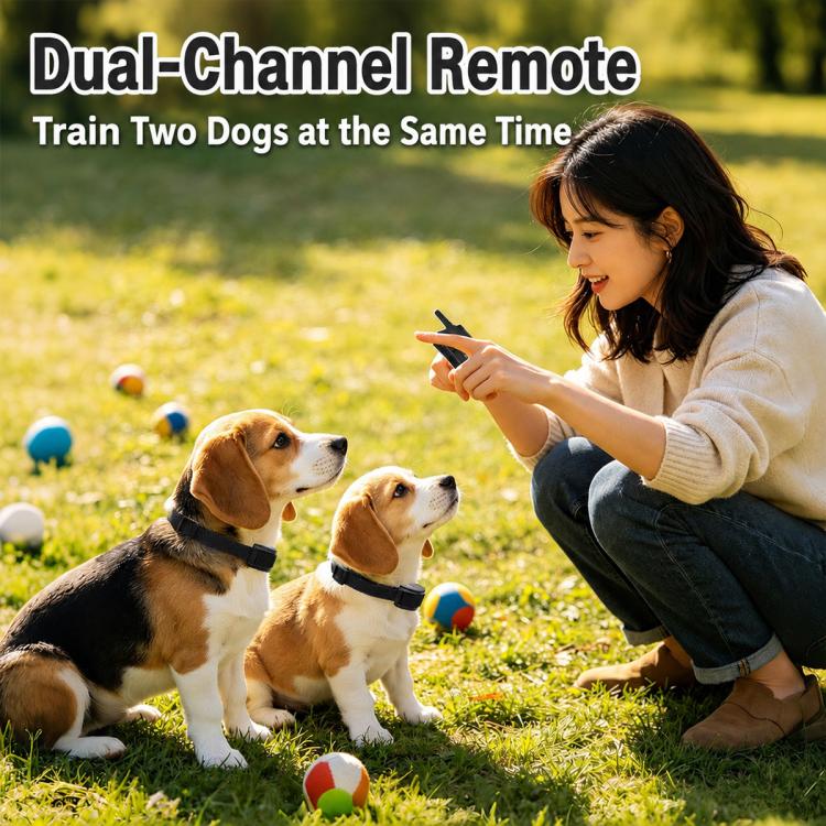 Remote anti-bark training collar on two dogs with handheld remote controller outdoors