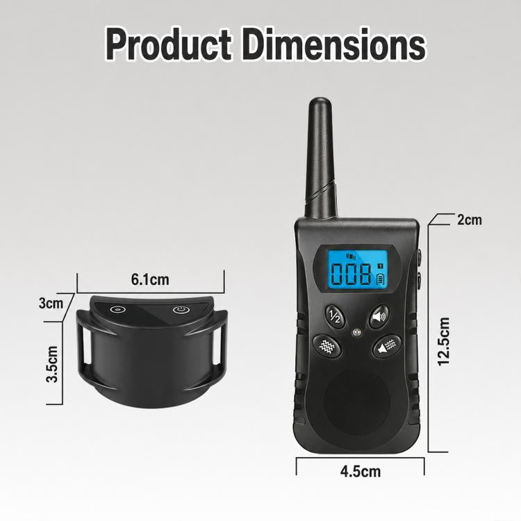 Anti-bark training collar receiver and prong base with size dimensions diagram