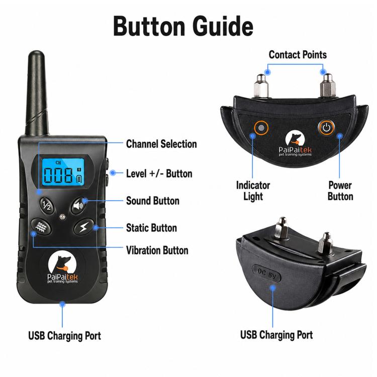 Remote pet bark training collar set with buttons, contact points, and charging port