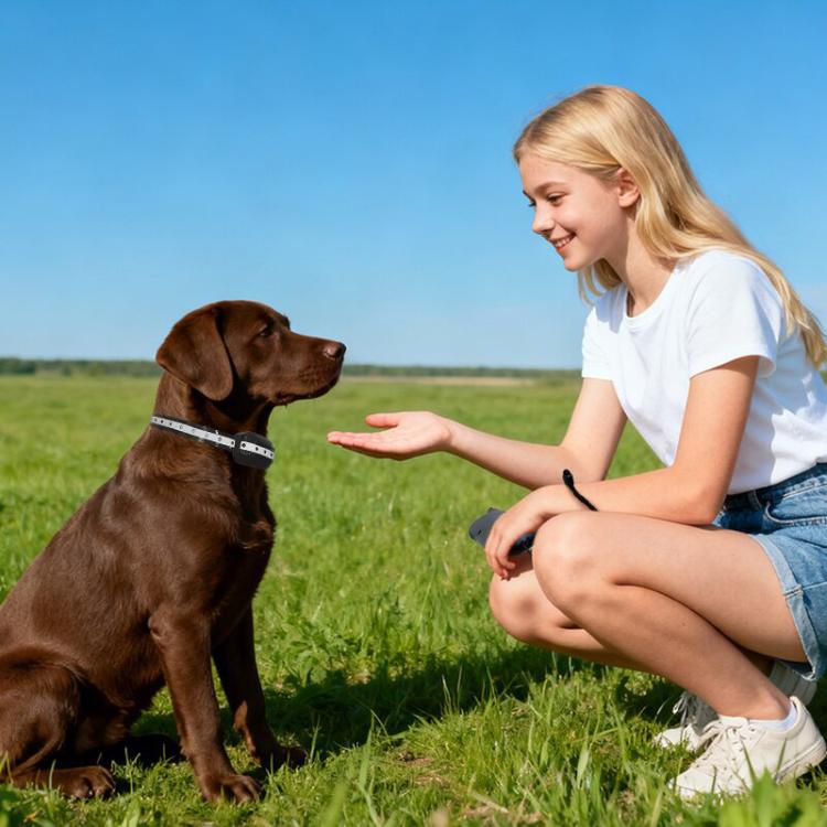 Dog training remote in hand with black anti-bark collar on brown dog
