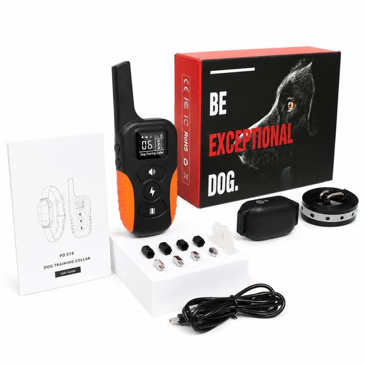 Dog training collar kit with handheld remote, receiver, cable, accessories, and manuals