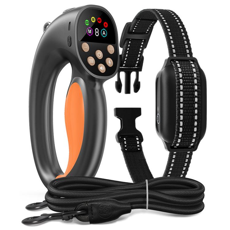 Smart anti-tug dog leash training device kit with remote, collar strap, and charging cable
