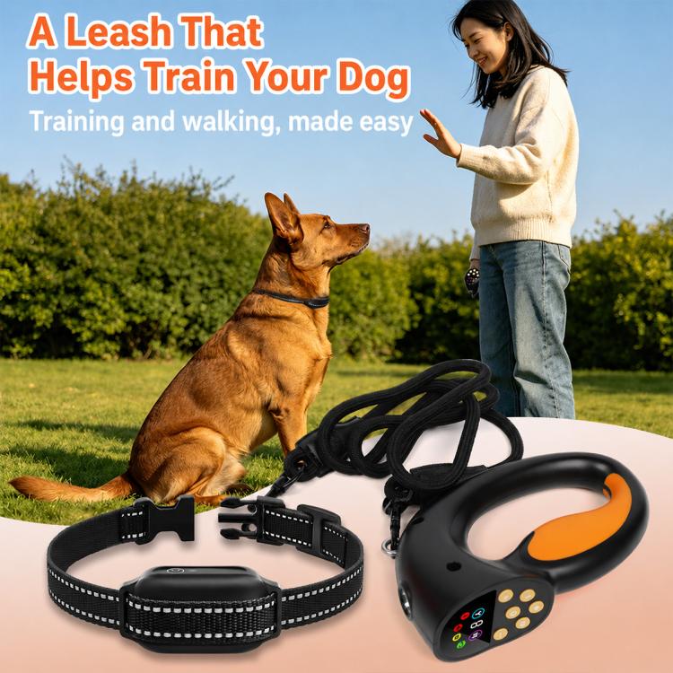 Smart anti-tug dog leash training device with black strap and orange-accent remote