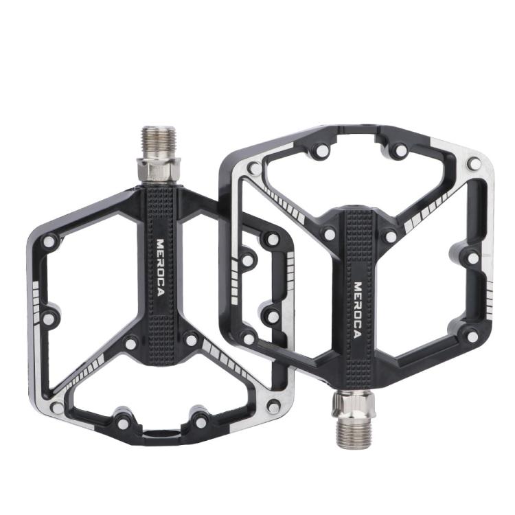 Black mountain bike pedals with dual platform and threaded axle