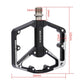 Black mountain bike pedal with dimension labels and threaded axle