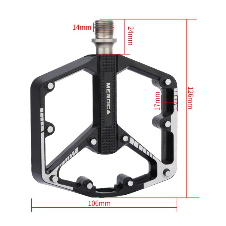 Black mountain bike pedal with dimension labels and threaded axle
