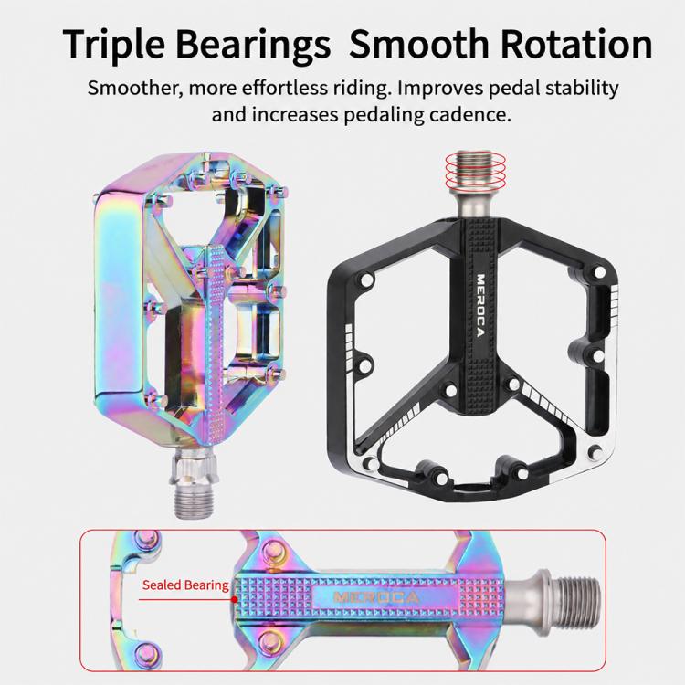 Rainbow mountain bike pedal with bearing cross-section detail and axle
