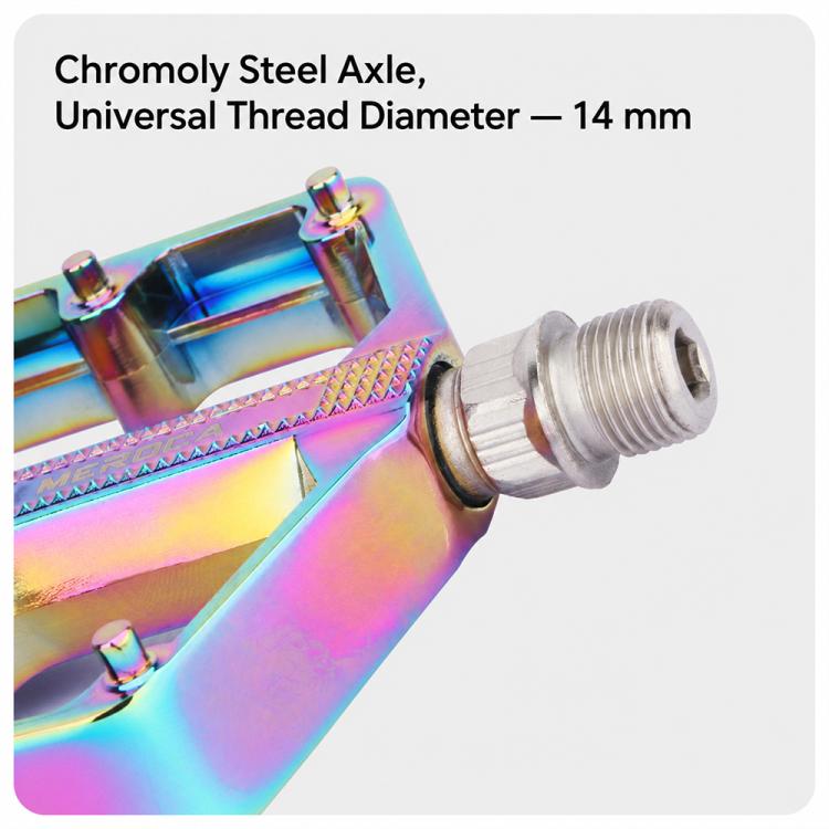 Mountain bike pedal axle end with 14 mm universal thread and chromoly steel