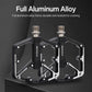Black aluminum mountain bike pedals with textured grip and anti-slip pins