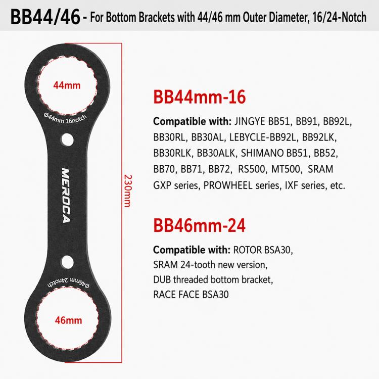 MEROCA BB44/BB46 hollow crankset removal spanner wrench, black with 16- and 24-notch ends